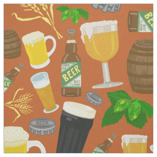 Beer Glass Bottle Hops and Barley Pattern Orange Fabric
