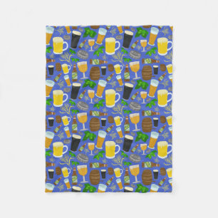 Beer Glass Bottle Hops Barley Pattern Blue Brewery Fleece Blanket