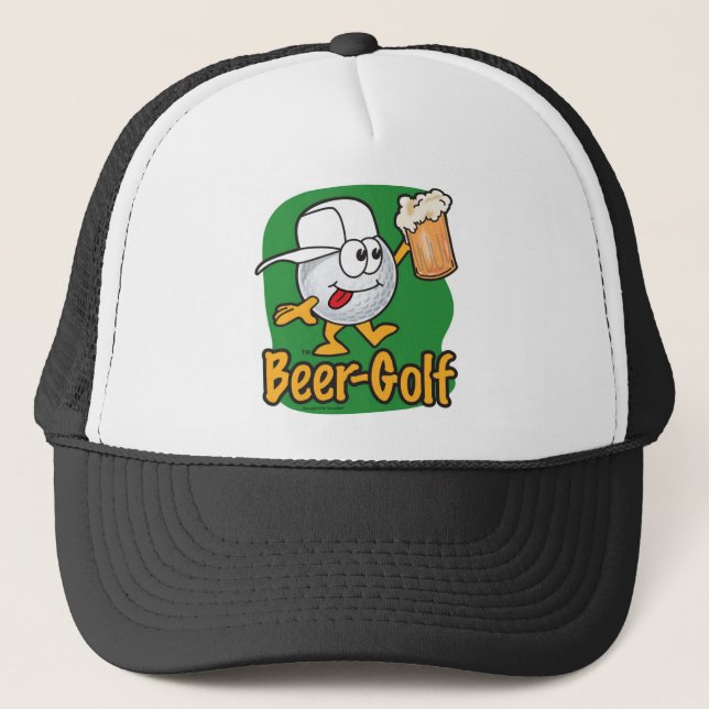 Beer Golf Drunk Cartoon Golf Ball Trucker Hat (Front)