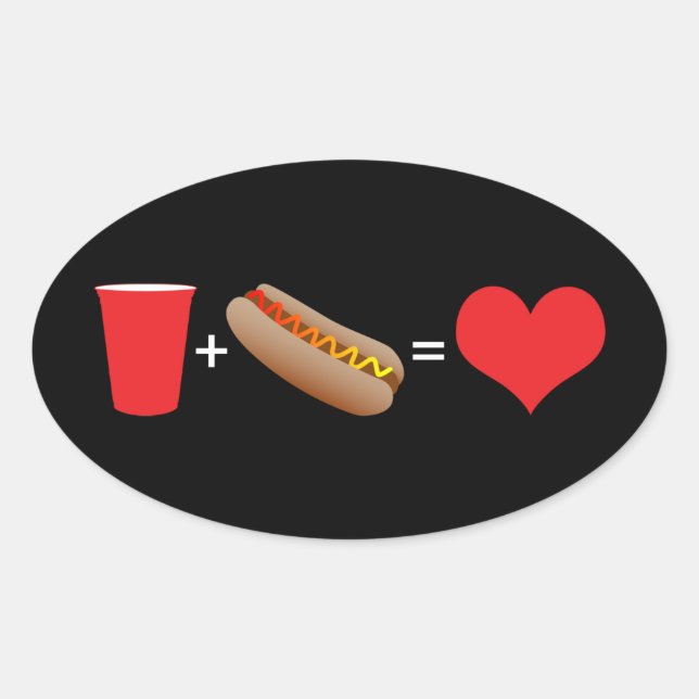 beer + hot dog = love oval sticker (Front)