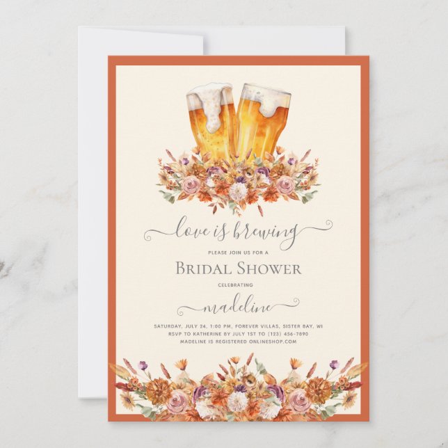 Beer Love is Brewing Fall Floral Bridal Shower  Invitation (Front)