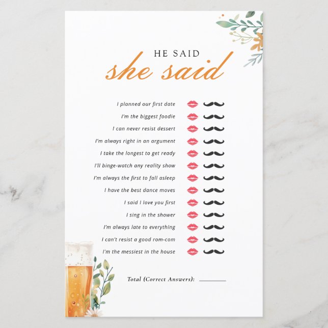 Beer Love is Brewing He Said She Said Bridal Game (Front)