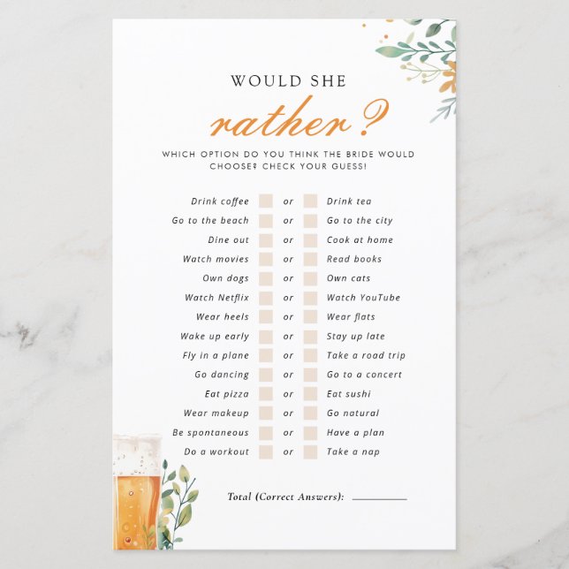 Beer Love is Brewing Would She Rather Bridal Game (Front)