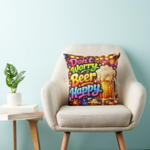 Beer Mug With Neon Rainbow Quote Throw Pillow