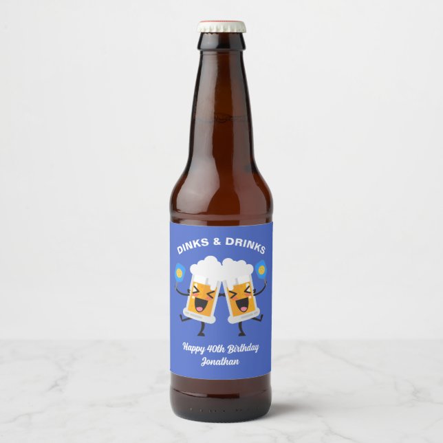Beer Mugs Playing Pickle, Funny Pickleball Beer Bottle Label (Front)