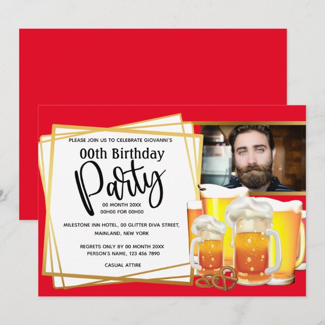 Beer mugs pretzel DIY photo mens birthday red Invitation (Front/Back)