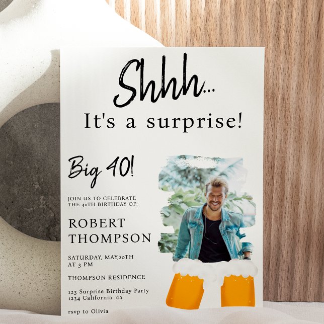 Beer pints white photo surprise forty birthday invitation (Creator Uploaded)