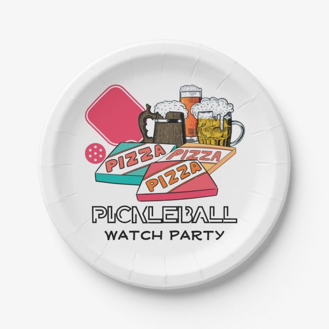 Beer Pizza PICKLEBALL WATCH PARTY Paper Plate (Front)