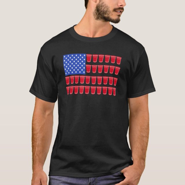 Beer Pong Drinking American Flag Red Solo Cups T-Shirt (Front)