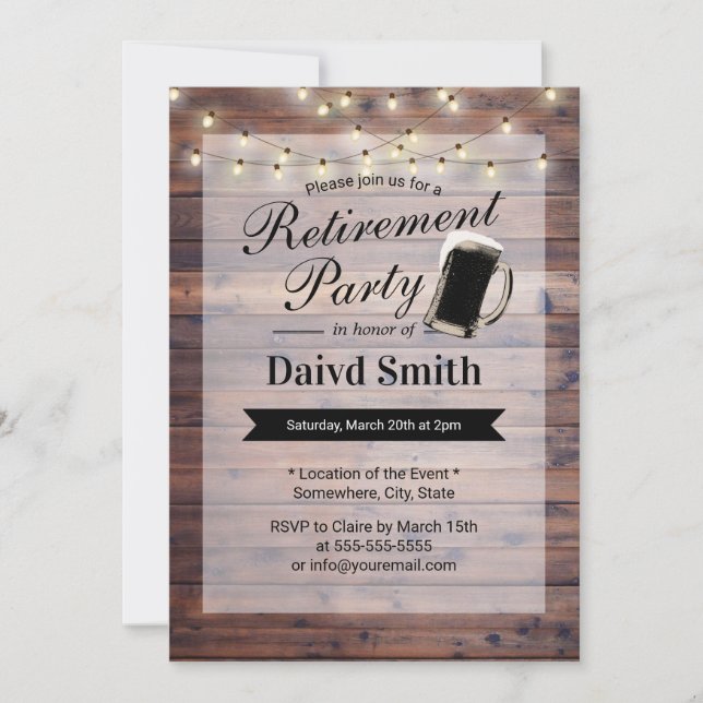 Beer Retirement Party String Lights Rustic Wood Invitation (Front)