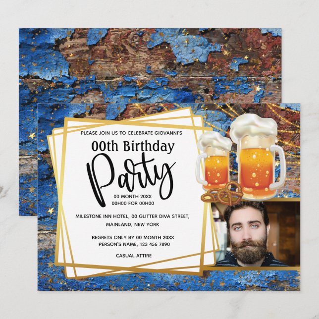 Beer rustic string lights DIY photo mens birthday Invitation (Front/Back)