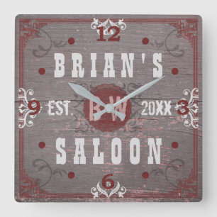 Beer Saloon Home Bar Red Grey Personalized Square Wall Clock