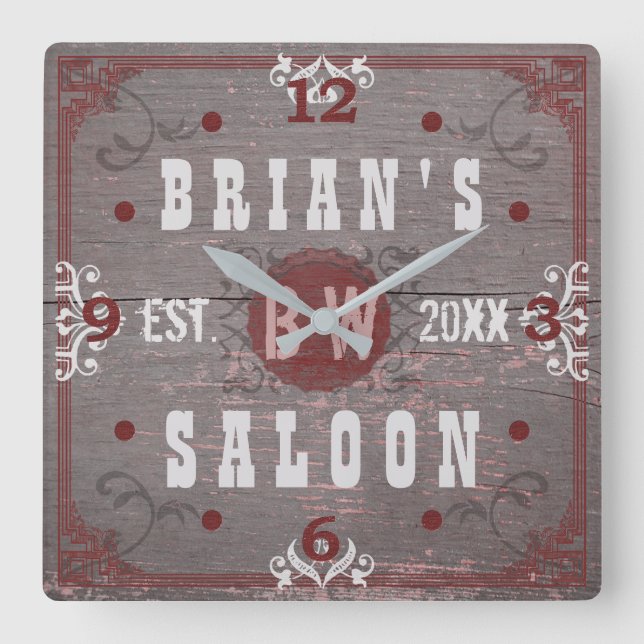 Beer Saloon Home Bar Red Grey Personalized Square Wall Clock (Front)