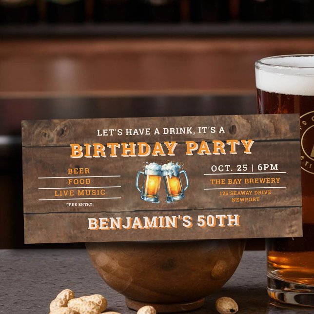 Beer Themed Brewery Rustic Men's 50th Birthday (men's 50th birthday party invitation beer themed brewery backyard oktoberfest wood)