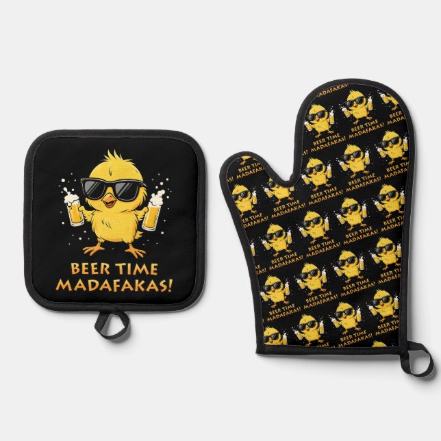 Beer Time Madafakas Funny Meme Duck Goose Retro Oven Mitt & Pot Holder Set (Front)