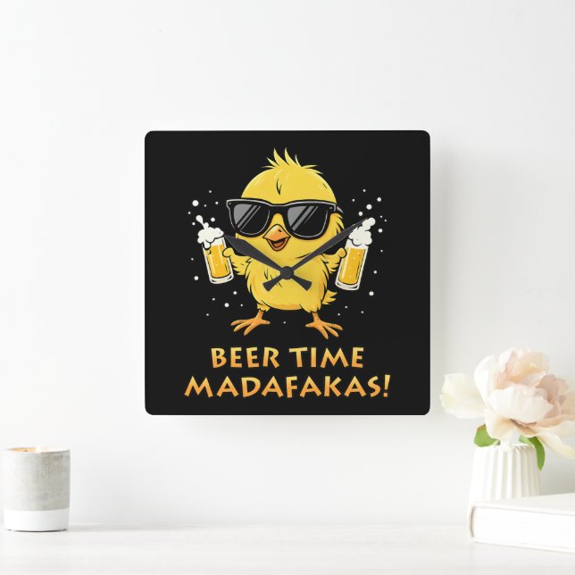 Beer Time Madafakas Funny Meme Duck Goose Retro Square Wall Clock (Home)