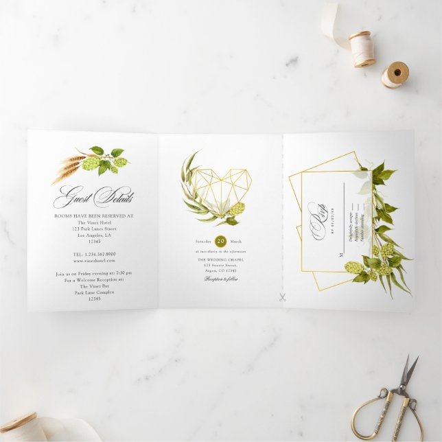 Beer Willow Green and Gold Geometric Wedding Tri-Fold Invitation (Inside)