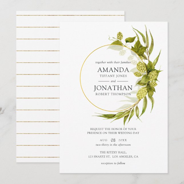 Beer Willow Greenery and Gold Geometric Wedding Invitation (Front/Back)
