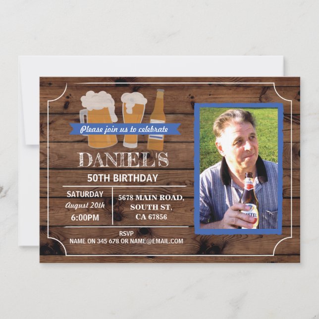 Beers Birthday Party 50th 60th Photo Wood Invite (Front)