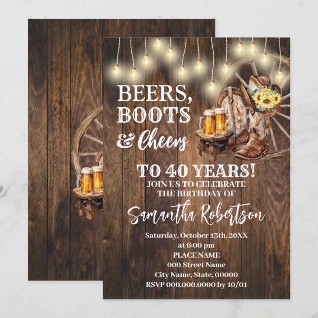 Beers Boots & Cheers Sunflowers Western Birthday Invitation (Front/Back)
