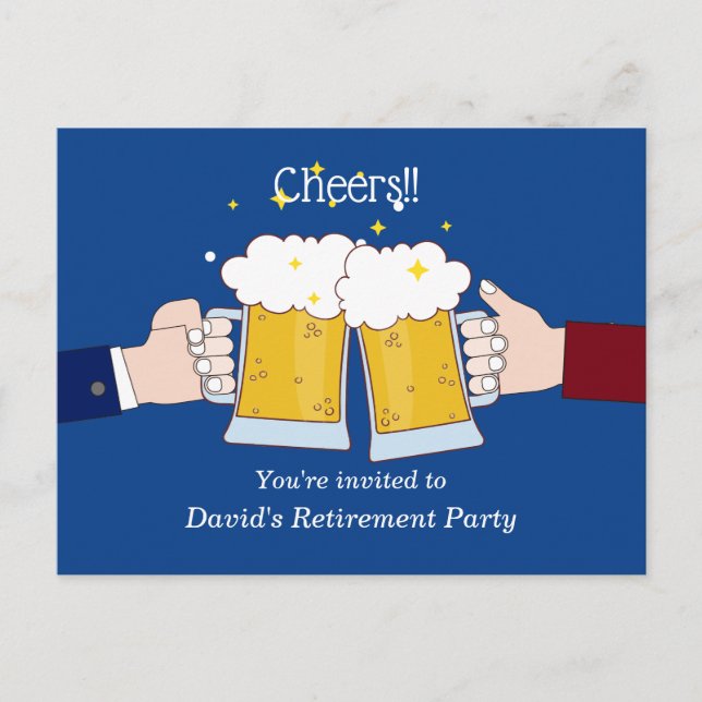 beers, cheers, adult retirement party invitation postcard (Front)