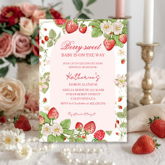 Beery sweet strawberries floral pink baby shower invitation