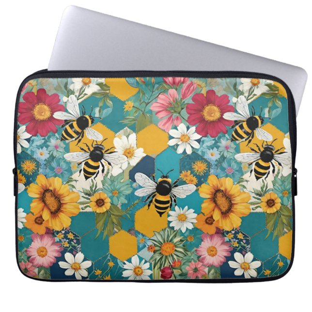 Bees and Florals Bee Flower Pattern Laptop Sleeve (Front)