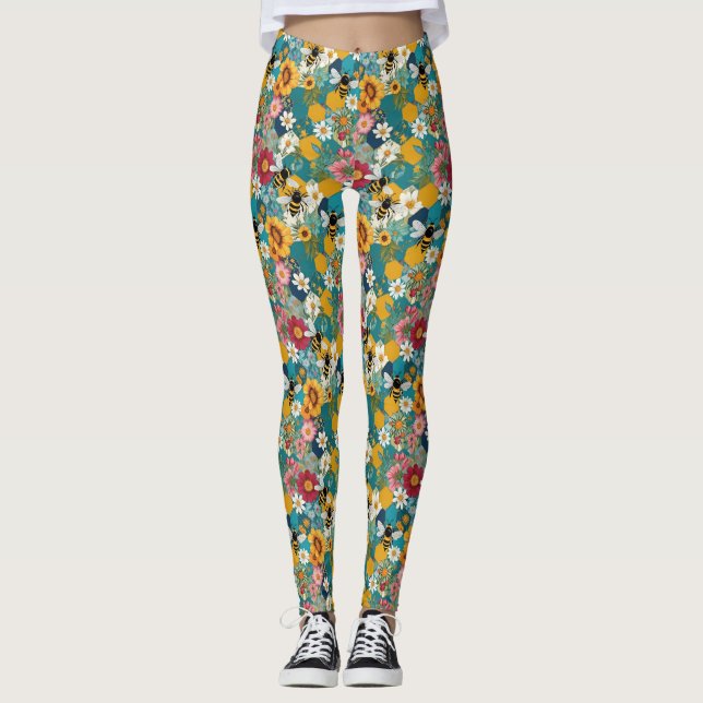 Bees and Florals Bee Flower Pattern Leggings (Front)