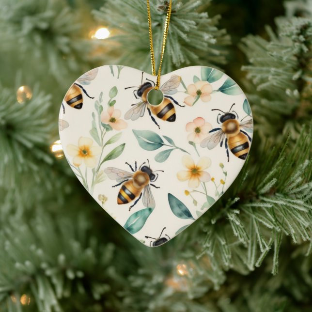 Bees and Flowers - Cream Floral Honey Bee Pattern Ceramic Ornament (Tree)
