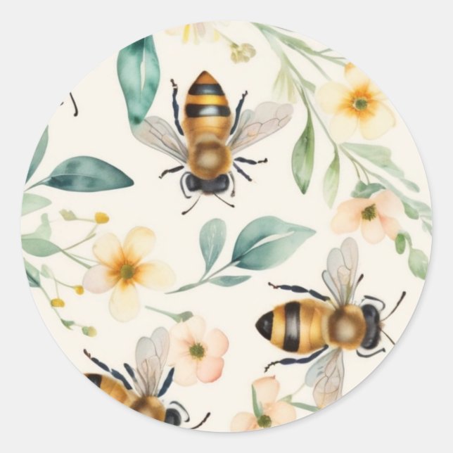 Bees and Flowers - Cream Floral Honey Bee Pattern Classic Round Sticker (Front)