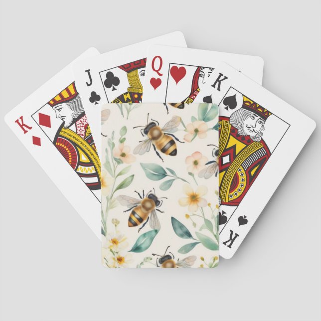 Bees and Flowers - Cream Floral Honey Bee Pattern Playing Cards (Back)
