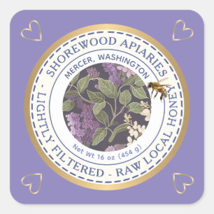 Bees and Flowers Honey Label with Gold Hearts