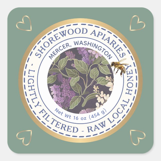 Bees and Flowers Honey Label with Gold Hearts     (Front)