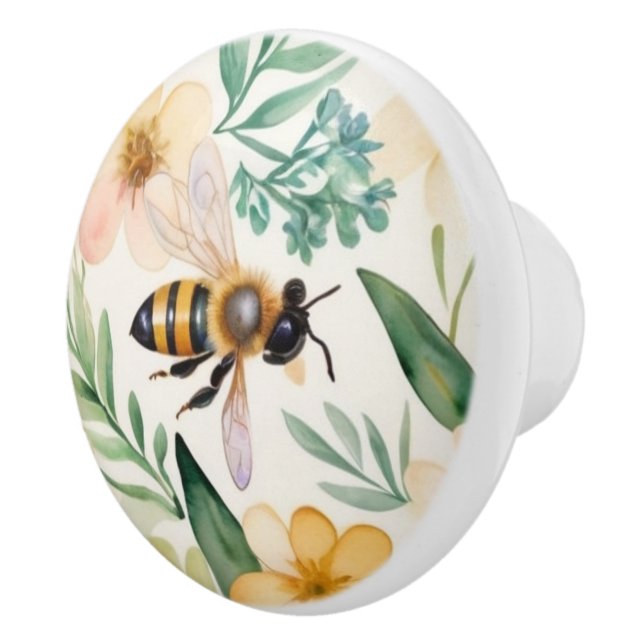 Bees and Flowers - Pretty Floral Honey Bee Pattern Ceramic Knob (Right)
