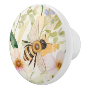 Bees and Flowers - Pretty Floral Honey Bee Pattern Ceramic Knob
