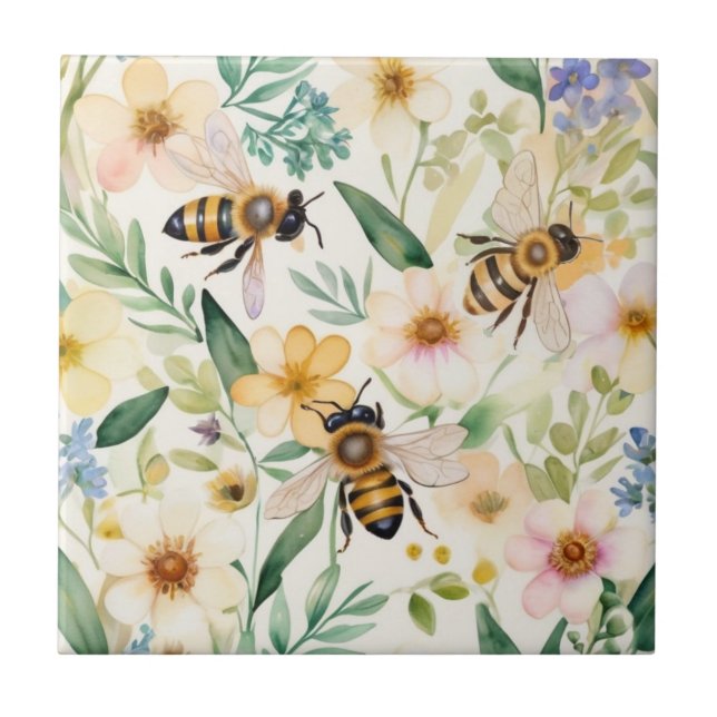 Bees and Flowers - Pretty Floral Honey Bee Pattern Tile (Front)