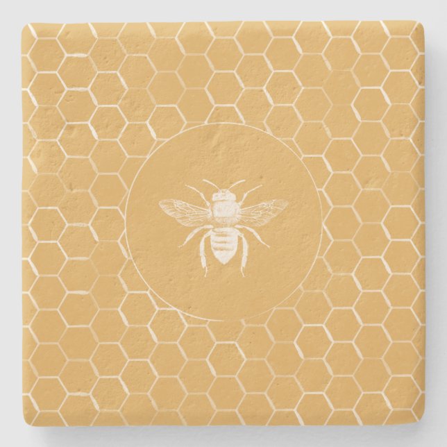 Bees and Golden Honeycomb Pattern Stone Coaster (Front)