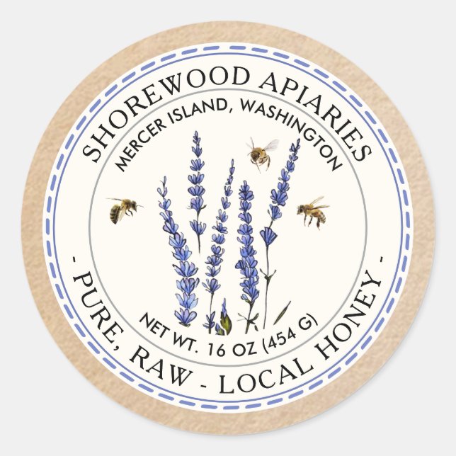 Bees and Lavender Honey Label with Kraft Border (Front)