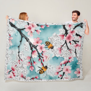 Bees and Pink Cherry Blossoms Vintage Lace Fleece Blanket