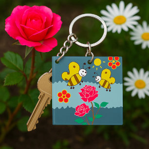 Bees and Roses Floral Garden Keychain