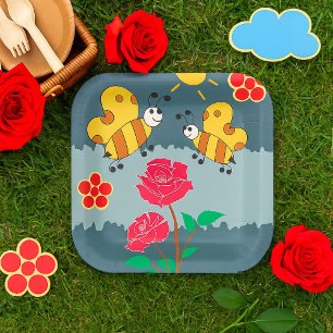 Bees and Roses Floral Garden Paper Plate