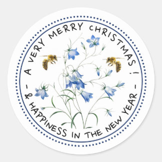 Bees and Vintage Bluebells Very Merry Christmas Classic Round Sticker