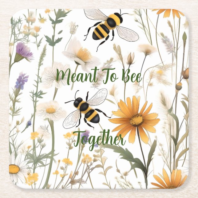 Bees And Wildflowers Meant To Bee Together, Square Paper Coaster (Front)