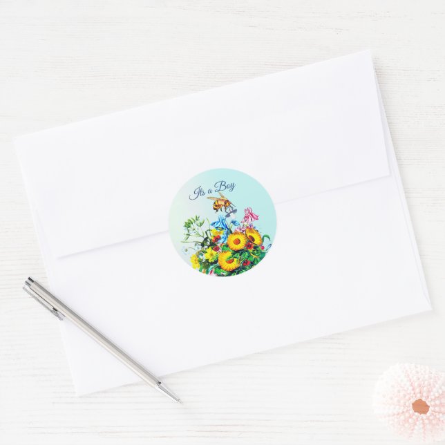 Bees Baby Shower Blue Floral Pacifier Classic Round Sticker (Envelope)
