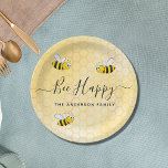 Bees bee happy summer fun humour name paper plate<br><div class="desc">Decorated with happy,  smiling yellow and black bumblebees. A yellow honeycomb pattern as background.  Black hand lettered script and the text: Bee Happy.  Personalize and add a name.
For a summer party,  picnics,  outdoor/alfresco dining.
Matching napkins available in our store.</div>