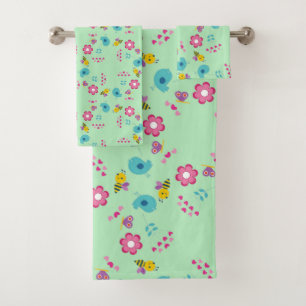 Bees, birds and flowers green pattern bath towel set
