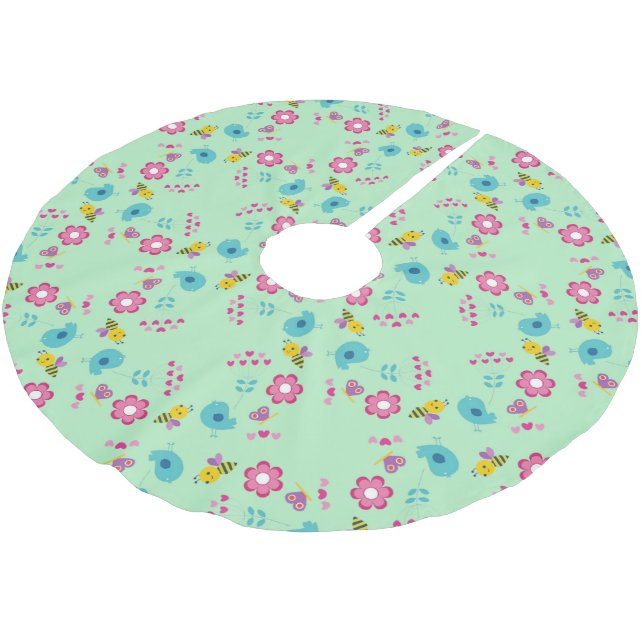 Bees, birds and flowers green pattern brushed polyester tree skirt (Angled)
