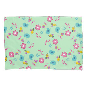 Bees, birds and flowers green pattern pillowcase