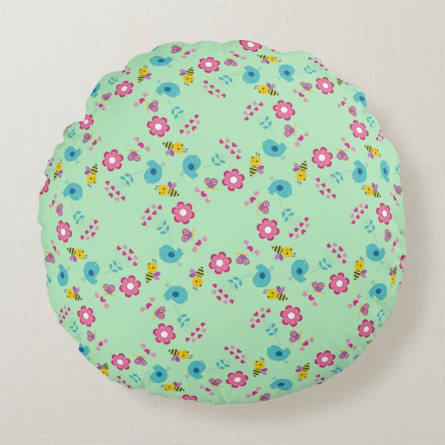 Bees, birds and flowers green pattern round pillow (Front)