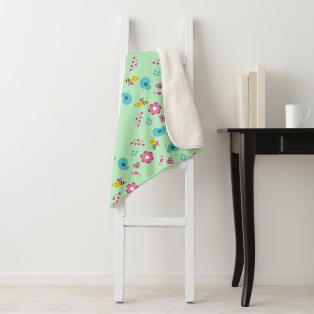 Bees, birds and flowers green pattern sherpa blanket (In Situ)